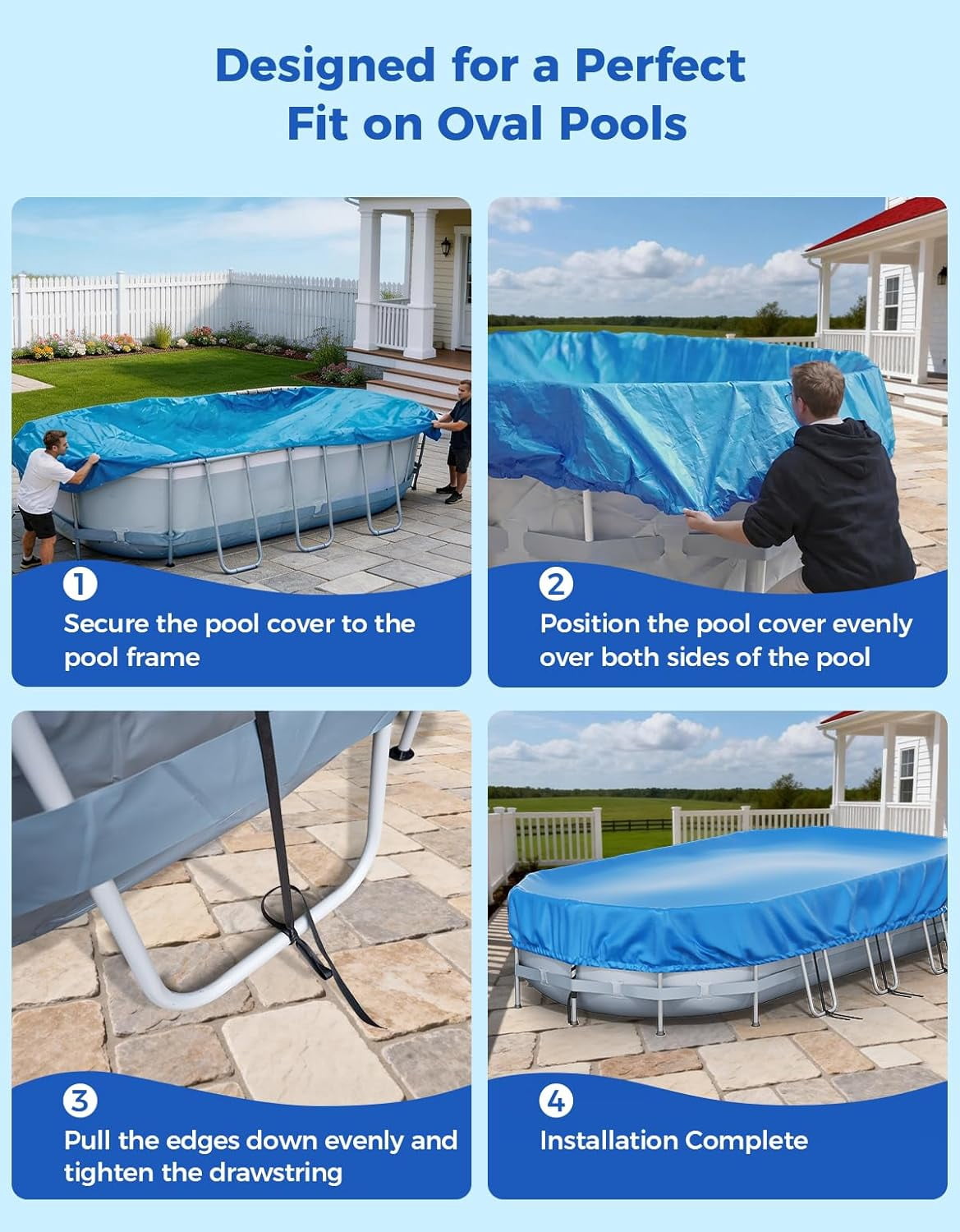 20’ x 12’ Oval Pool Cover for Above Ground Pools, Built-in Elastic & 8 Integrated Cords, Easy 20s Setup, Above Ground Swimming Pool Cover Fits 20’ x12’ & 18’x9’ Pools