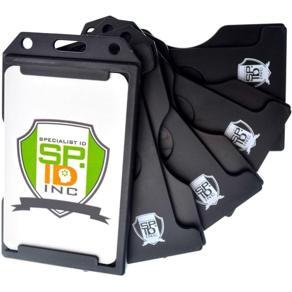 Bulk 50 Pack - Black Hard Plastic Badge Holder Vertical - Side Load 2 Card Protector - Multiple Card ID Badge Holders - Heavy Duty Rigid/Hard Plastic by Specialist ID (Black)