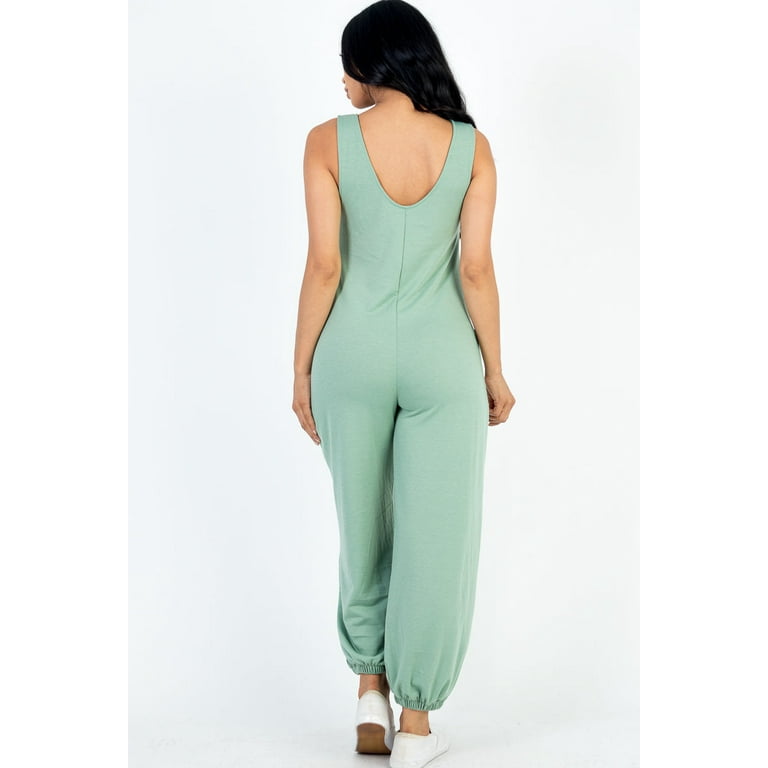 Casual Solid French Terry Sleeveless Scoop newest Neck Front Pocket Jumpsuit