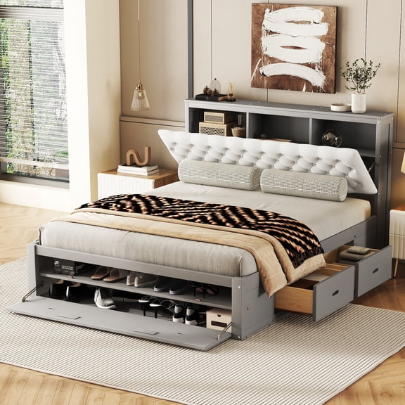Noble House Norva Queen Size Wood Platform Bed, Storage Headboard with Integrated Drawers and Shoe Rack, Gray