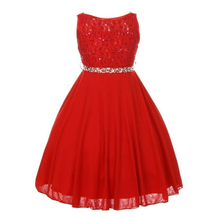 Girls Red Sparkle Sequin Lace Chiffon Occasion Dress