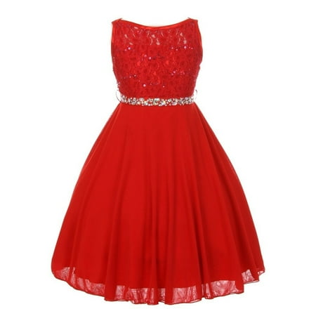 - Girls Red Sparkle Sequin Lace Chiffon Occasion Dress