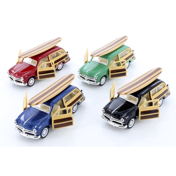 Kinsmart Ford Woody Wagon with Surfboard Diecast Car Set - Box of 12 5-inch Diecast Model Cars, Assorted Colors