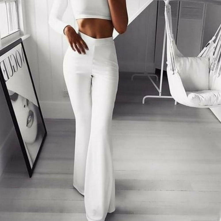 Women Solid High Waist Flare Wide Leg Chic Trousers Bell Bottom Yoga Pants  White Size XL