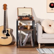 LELELINKY 3-Tier Record Player Stand with Storage Holds 100 Albums, Turntable End Table for Living Room & Bedroom, Brown