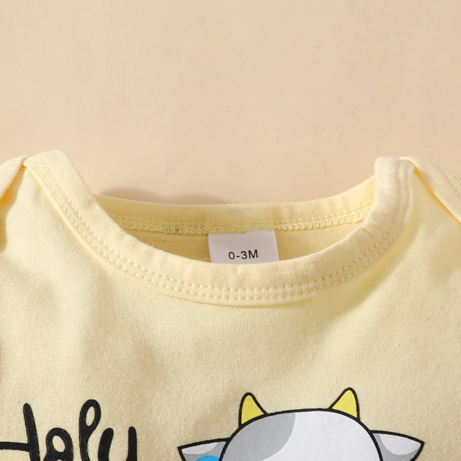 Girls Outfit Long Sleeve Printed Romper Bodysuit Cartoon Dairy Cow Prints Bell Bottoms Headband Outfits Girls Clothes Set Beige 0 Months-3 Months