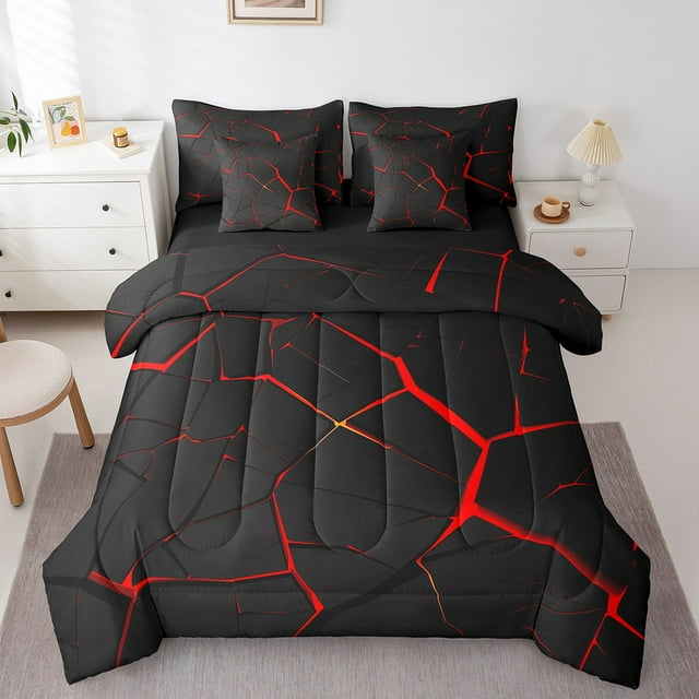 YST Ensemble de Literie Géométrie Abstraite 7 Pcs, Imprimé Nid d'Abeille Rouge, Taille Complète (7 Pcs)