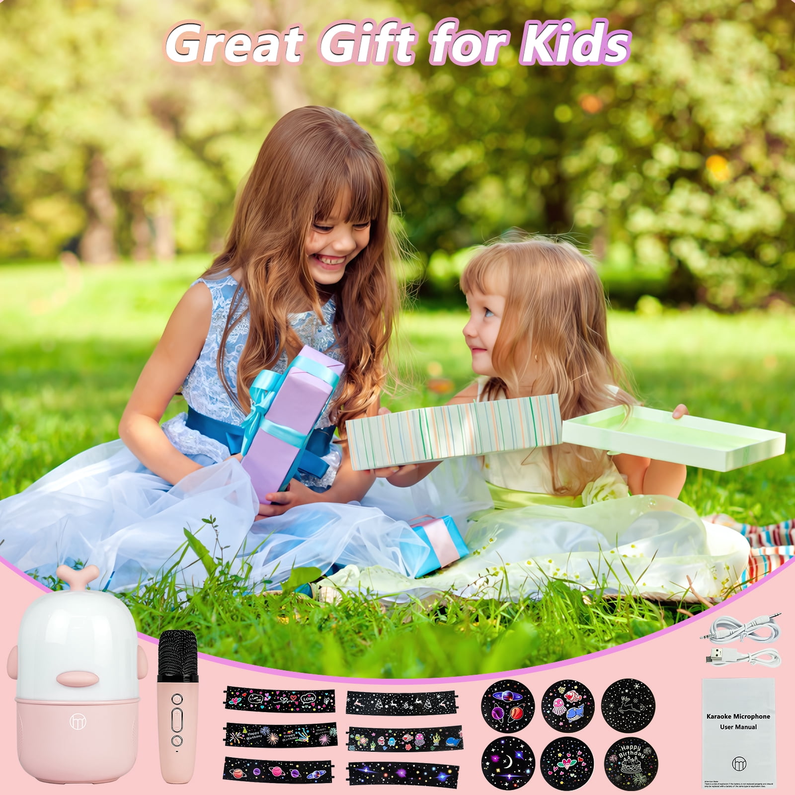 Aromei Mini Karaoke Machine Rotating Night Light Projector All-in-one for Kids with Microphone & 6 Light Films, Ideal for Home Party Birthday Gifts, Pink