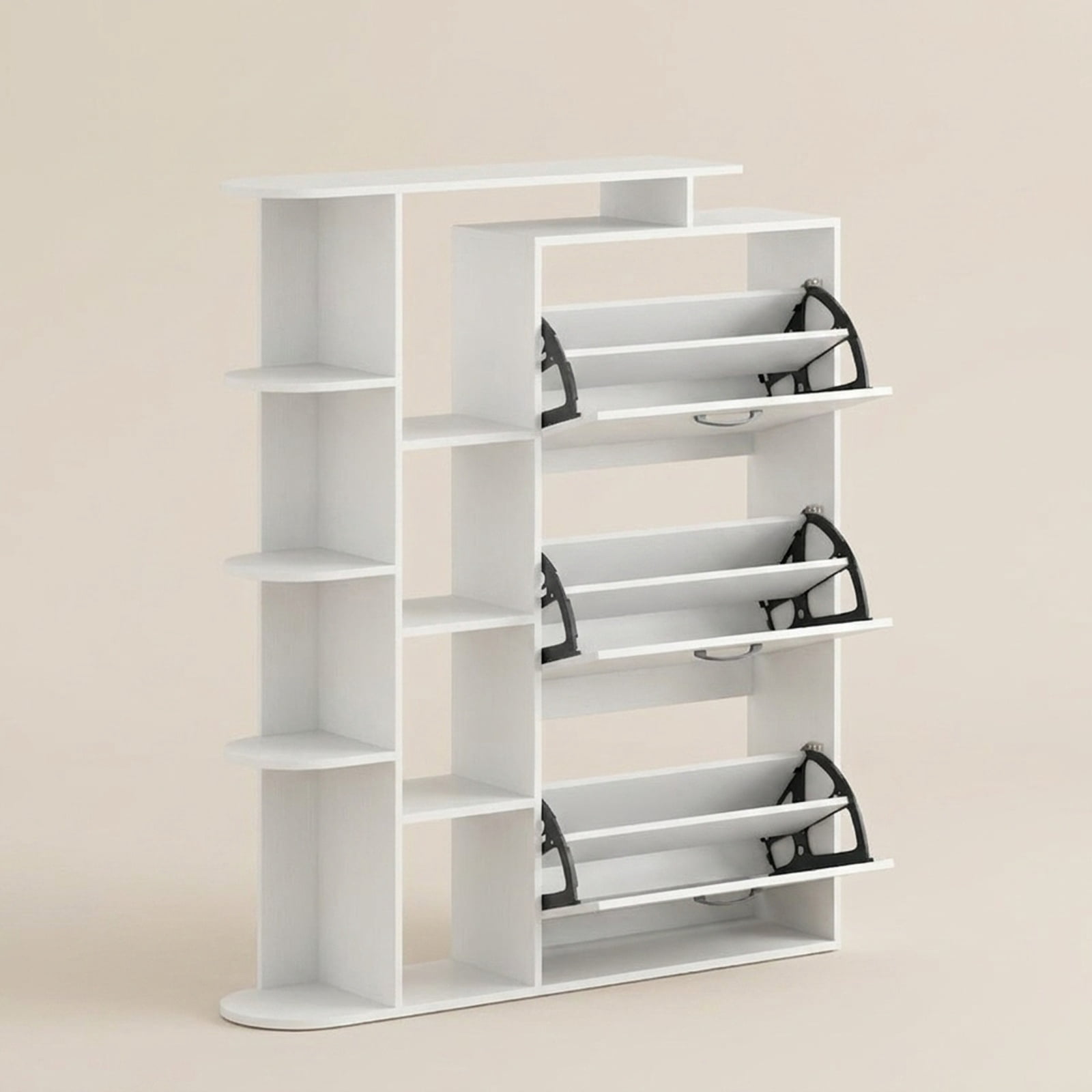 Furnibear Tall Shoe Cabinet with Open Shelves and 3 Flip Drawers Modern Freestanding Shoe Storage Organizer for Entryway Hallway, White