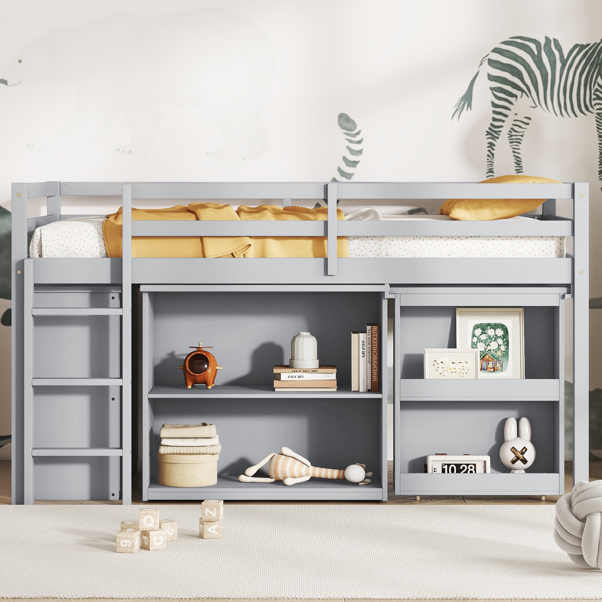 Sailvan Twin Loft Bed with Drawer Cabinet, Shelf Cabinet and Pulling Out Desk, Guardrail ,Ladder