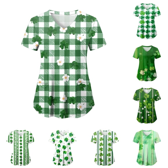 GEWSEY St Patricks Day Scrub Tops for Women Short Sleeve V Neck Scrubs Lucky Shamrock Print Plus Size Medical Uniform Shirts (Light Green, 3XL)
