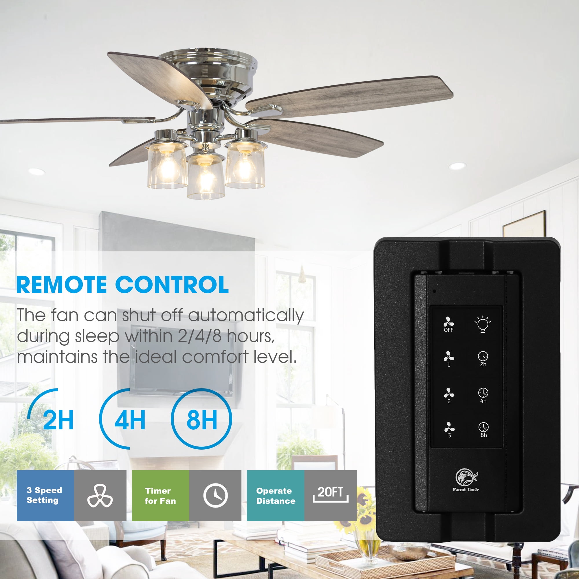 52" Modern Glass Shade Flush Mount Ceiling Fan with Remote and Light, Chrome Low Profile Chandelier Ceiling Fan