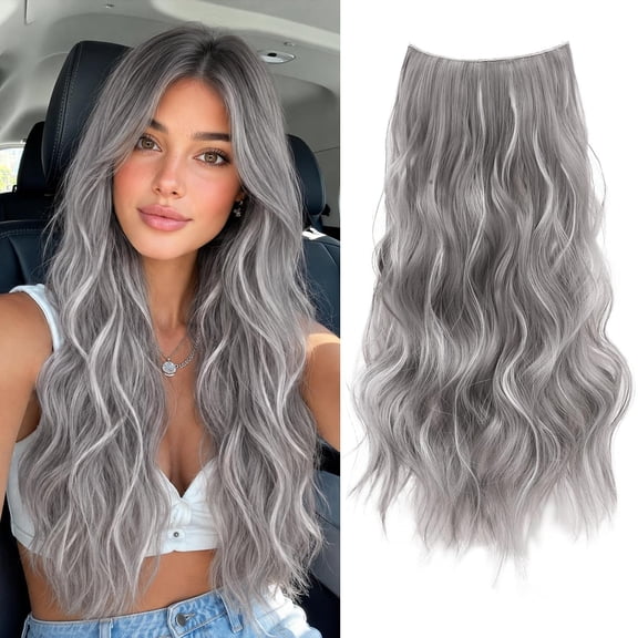 Halo Hair Extensions 20 Inch Invisible Wire Hair Extensions Adjustable Long Wavy Hairpiece Synthetic Upgrade 4 Secure Clips in Hairpieces 20 Inch,Silver Grey