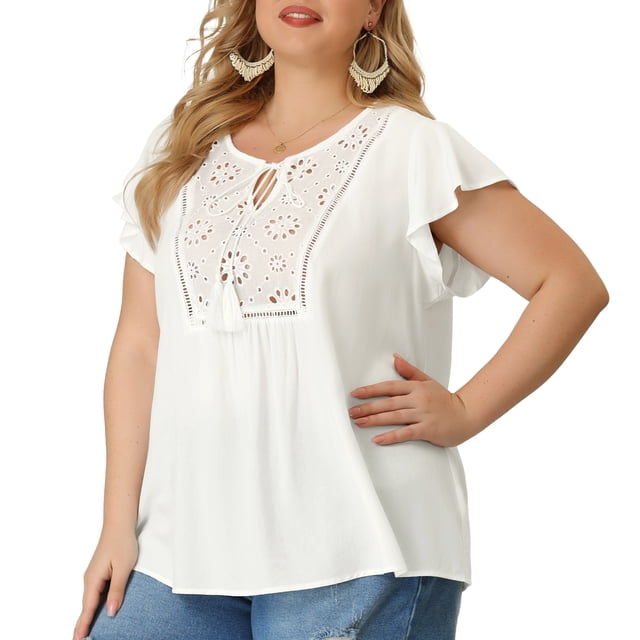 Women's Plus Size Blouse Ruffle Sleeve Lace Trim Tie Neck Peasant Top White 4X