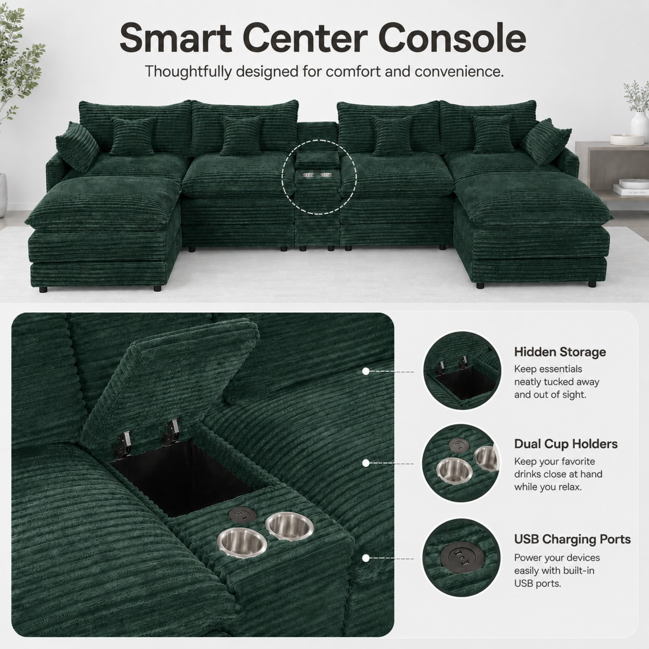 Aenkyo 141-Inch U-Shaped Corduroy Cloud Sectional Sofa with Console, Green