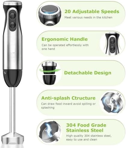 Immersion Handheld Blender with Whisk, 20-Speed & Turbo Mode Hand Blender Stick 500W, 304 Stainless Steel Hand Blender for Soup, Smoothie, Puree, Baby Food