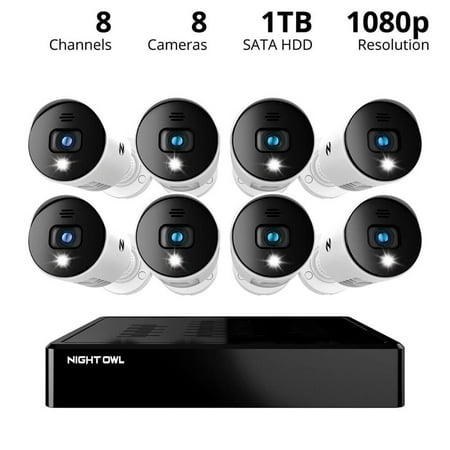Night Owl - 8-Channel, 8-Camera Indoor/Outdoor Wired 1080p HD 1TB DVR Spotlight Cameras - White