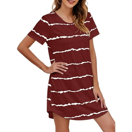 

Colisha Women Sleep Dress Short Sleeve Nightgowns Crew Neck Sleepwear Casual Party Striped Pajamas Dresses Wine Red 2XL