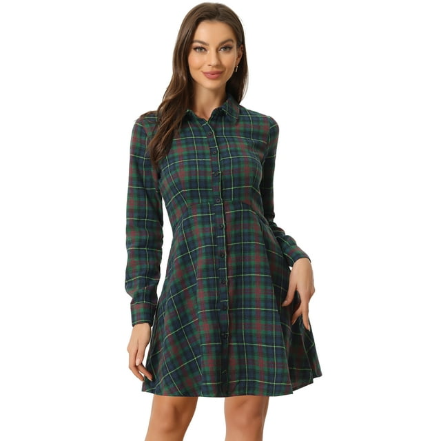 Vestido midi de algodón a cuadros con cuello vuelto y puños con botones para mujerVerde L
