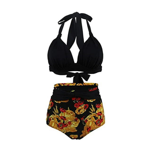 Women's Retro 50s Halter High Waist Ruched Bikini Swimsuit, 3XL, Black Yellow
