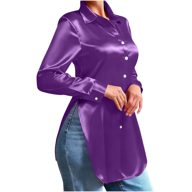 Usted Es Más Que una Prueba de Puntuación de la Camisa de las Mujeres Casual Suelto Sólido Cuello de Giro Asimétrico Doblado Manga Larga Satén Botón Superior