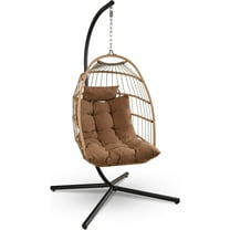 Foldable Egg Chair - Rattan Wicker Hanging Egg Swing Chair with Stand, Waterproof Seat Cushion, and Headrest for Patio, Bedroom, Porch, and Garden (Brown)
