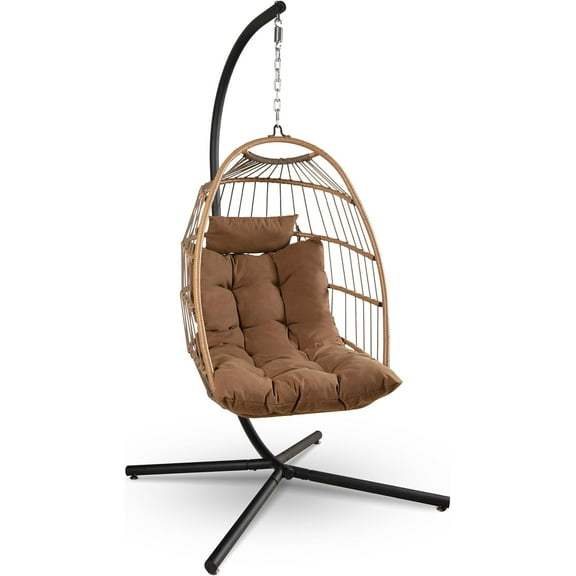 Foldable Egg Chair - Rattan Wicker Hanging Egg Swing Chair with Stand, Waterproof Seat Cushion, and Headrest for Patio, Bedroom, Porch, and Garden (Brown)