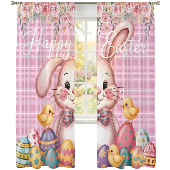 Happy Easter Sheer Curtains 84 Inch Long 2 Panels Spring Rabbit Eggs Chicken Floral Pink Plaid Light Filtering Rod Pocket Curtains, Sheer Voile Drapes for Living Room Bedroom 52"x84"