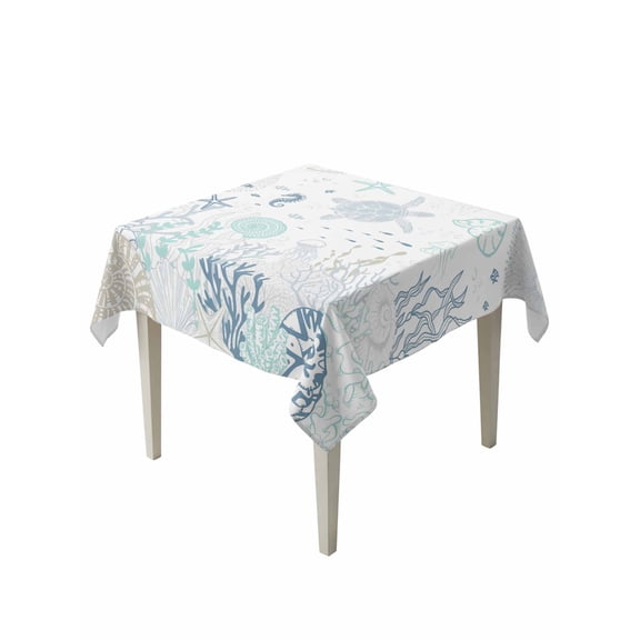 Coastal Table Cloth, Turquoise Blue Turtle Starfish Coral Jellyfish Waterproof Tablecloth for Square Tables, Reusable Washable Fabric Table Cover for Restaurant Kitchen Dining Tables 54"x54"
