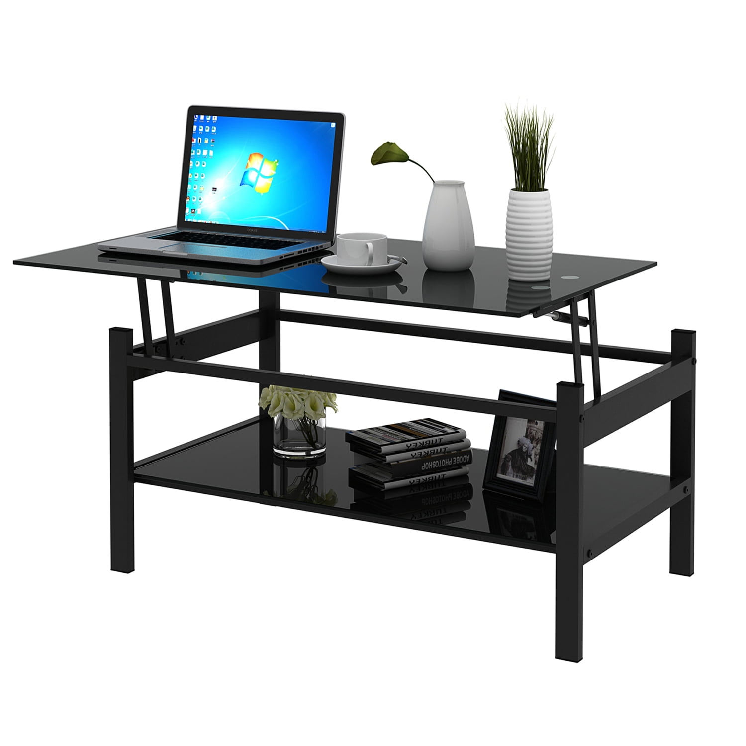 Glass Lift Top Coffee Table, Modern Simple 2-Layer Tempered Glass