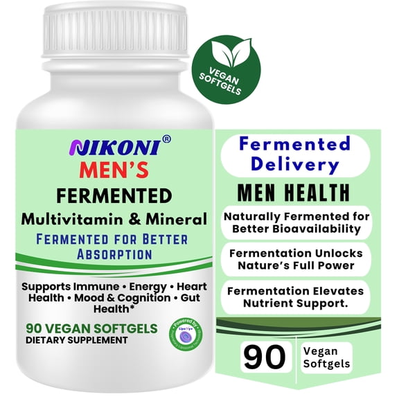 Nikoni Men's Fermented Multivitamin and Mineral Supplements Vegan Softgels Fermented for Better Absorption 90 Count