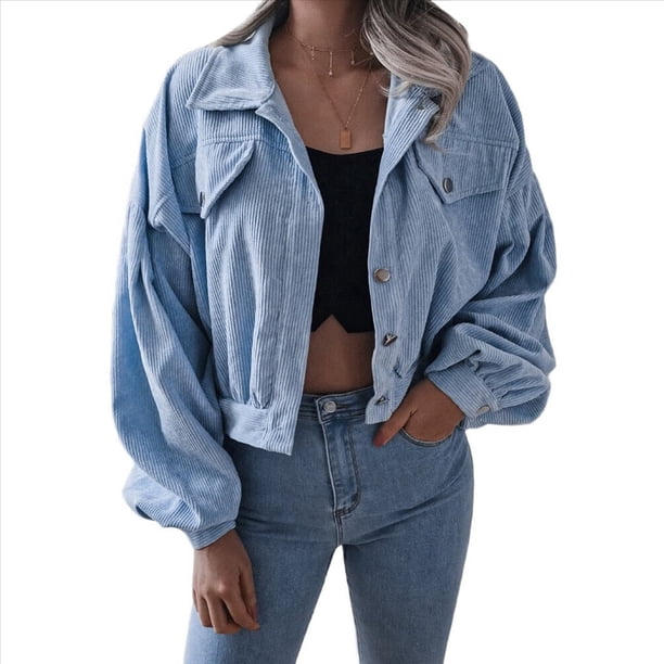 Chaqueta Corta de para Mujer, Otoño/Invierno, Informal, de Larga, con Botones, y Azul Denim L