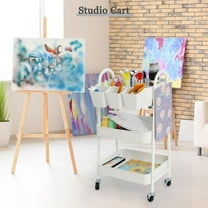 3-Tier Rolling Cart, Metal Storage Cart with Lockable Wheels & Hanging Cups, White