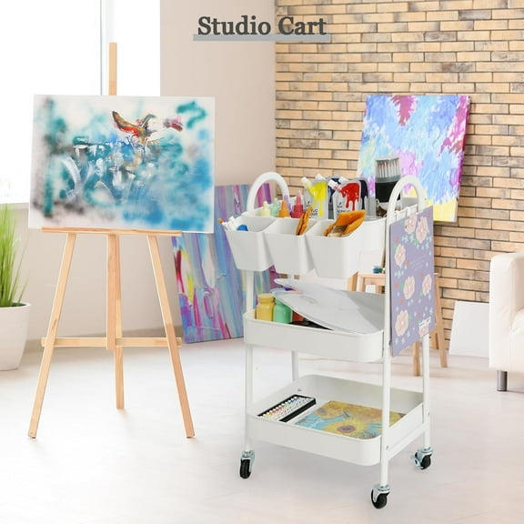 3-Tier Rolling Cart, Metal Storage Cart with Lockable Wheels & Hanging Cups, White