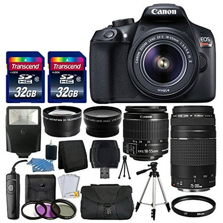 Canon EOS Rebel T6 Digital SLR Camera + Canon 18-55mm EF-S f/3.5-5.6 IS II Lens & EF 75-300mm f/4-5.6 III Lens + Wide Angle Lens + 58mm 2x Lens + Slave Flash + 64GB Card + Wired Remote + Valued