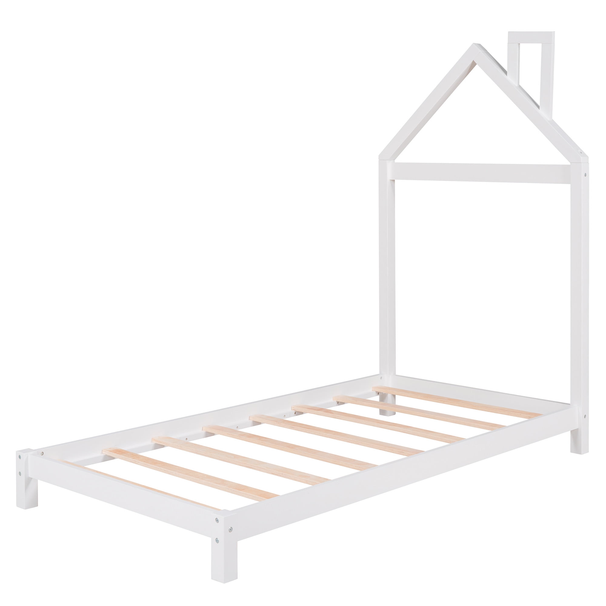 Aukfa Twin House Bed for Kids, Wood Platform Bed, Low Profile - White