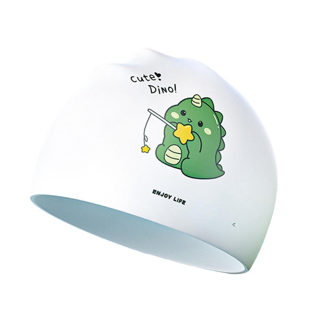Gorro de baño para niños, gorro de baño portátil de silicona suave con dibujos animados, de ducha para hacer esnórquel, deportes acuáticos, buceo en Verde