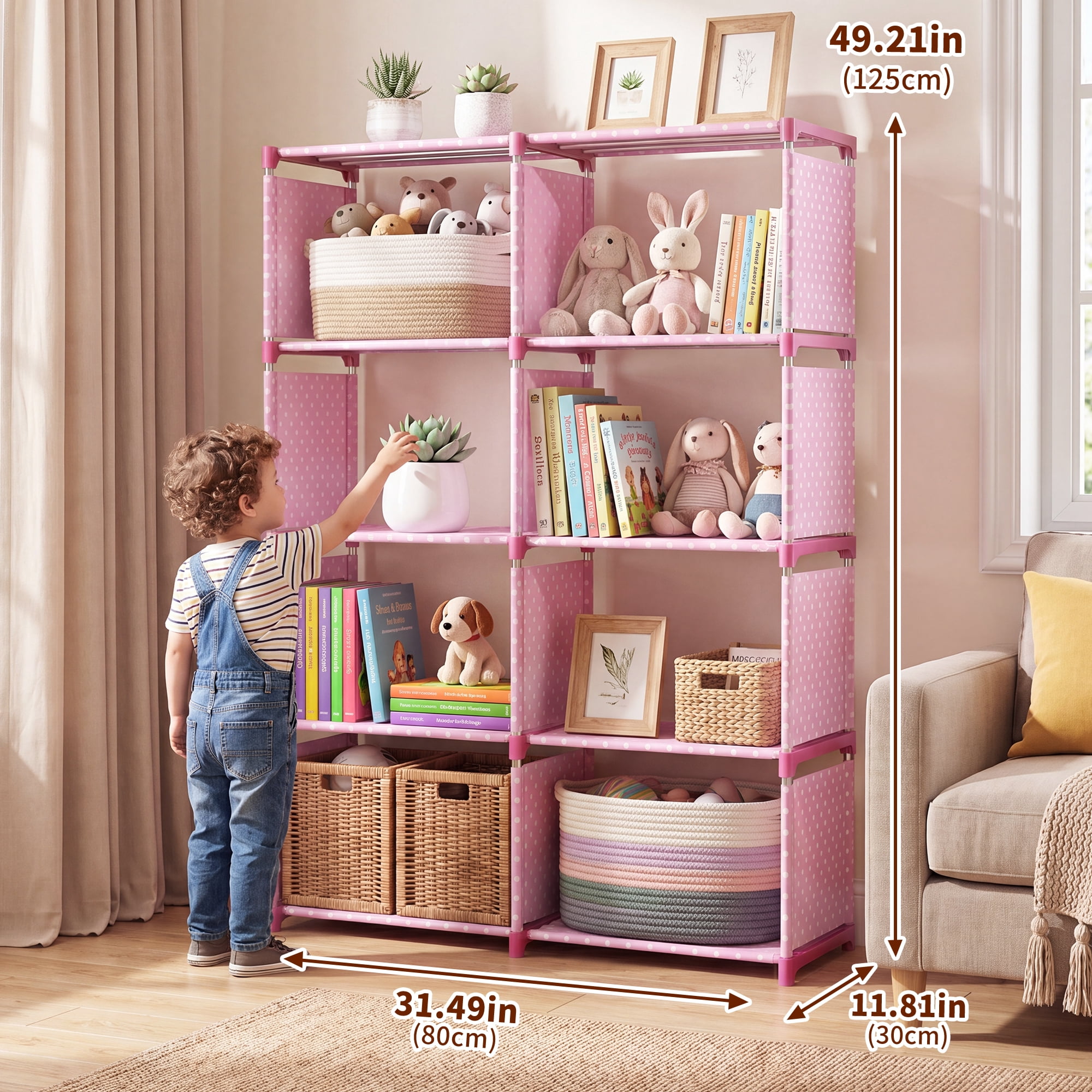 HONEIER Bookshelf, 8-Cube Storage Organizer, 5-Tier Open Bookcase for Bedroom Living Room Office, Pink