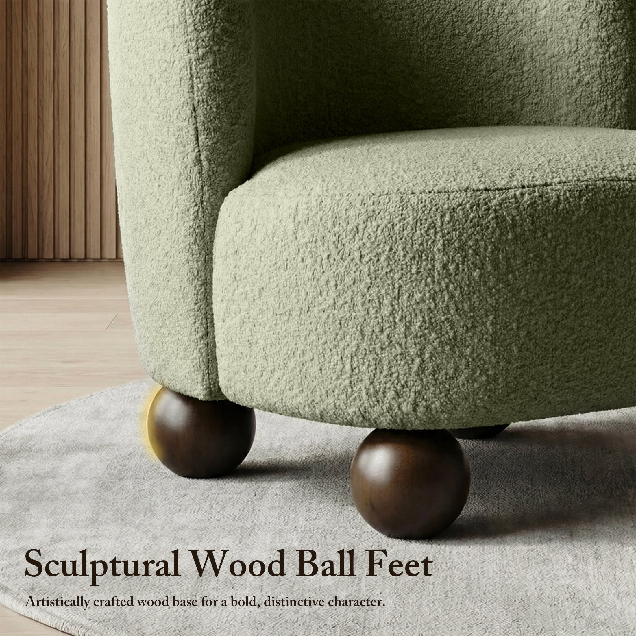 Aenkyo Contemporary Boucle Armless Accent Chair with Sculptural Wood Ball Feet, Green