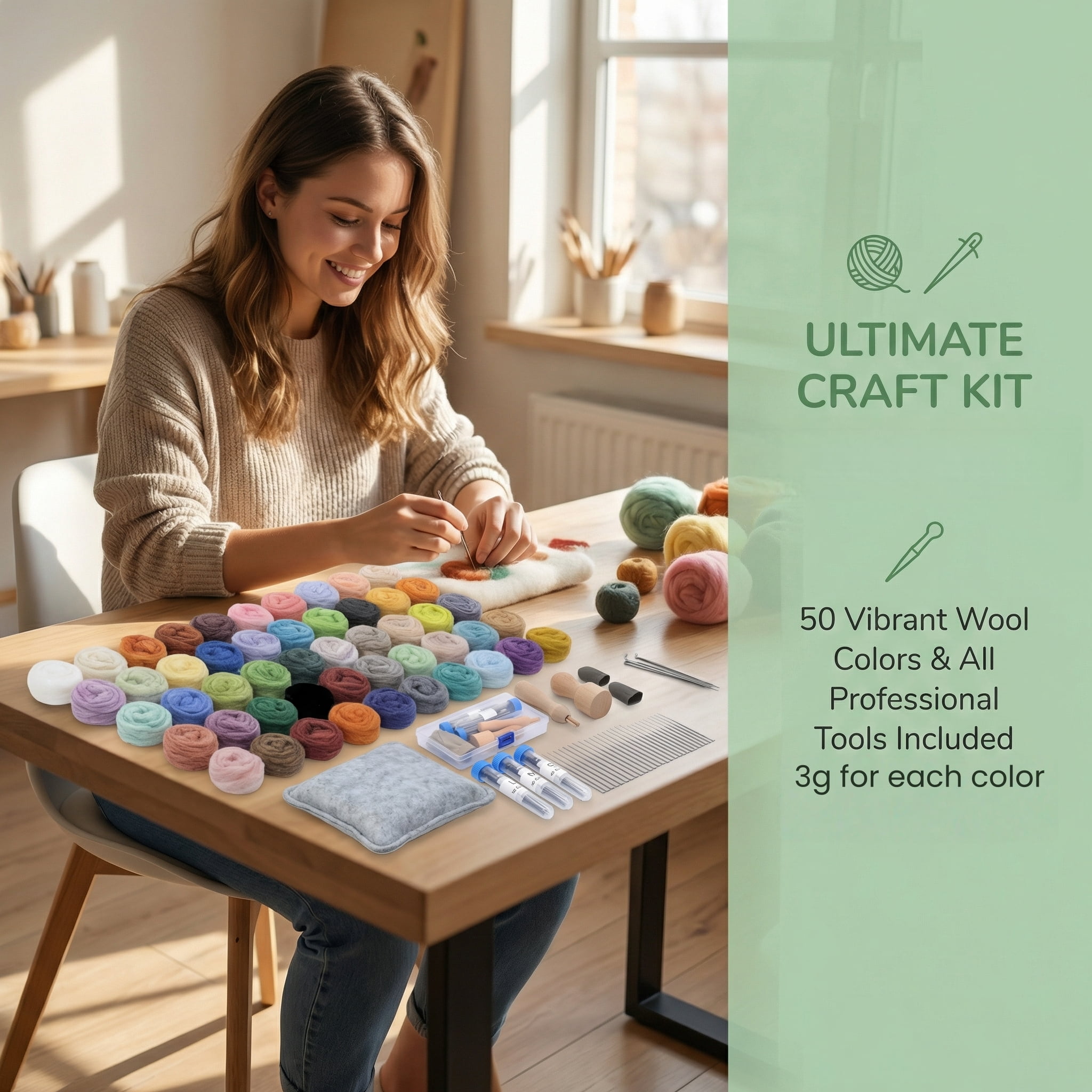 Needle Felting Kit for Beginners - 50 Colors Soft Wool Roving with Complete Tools Set (Felting Needles, Foam Mat, Finger Guards, Wooden Handles) DIY Craft Supplies
