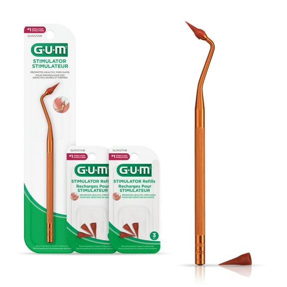 GUM Stimulator Permanent Handle - Long Handled Massager for gums (Handle 2 Refill Packs)