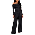 thumbnail image 3 of Women's 2 Piece Set, Off Shoulder Long Sleeve Top and Wide Leg Pants, Matching Lounge Sets for Women, Ruching Detail Loose Outfit for Casual Wear, Daily Outfits and Relaxation-Black, 3 of 9