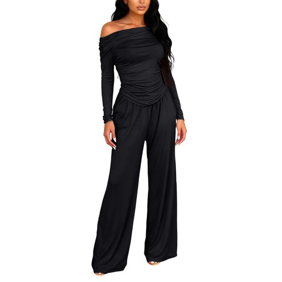 Aoiroe Women's 2 Piece Lounge Sets,Fashion Lounge Matching Set Top and Pant Set Tracksuit Travel Matching Outfit Flowy Wide Leg Pants Set Casual Matching Lounge Sets Black L