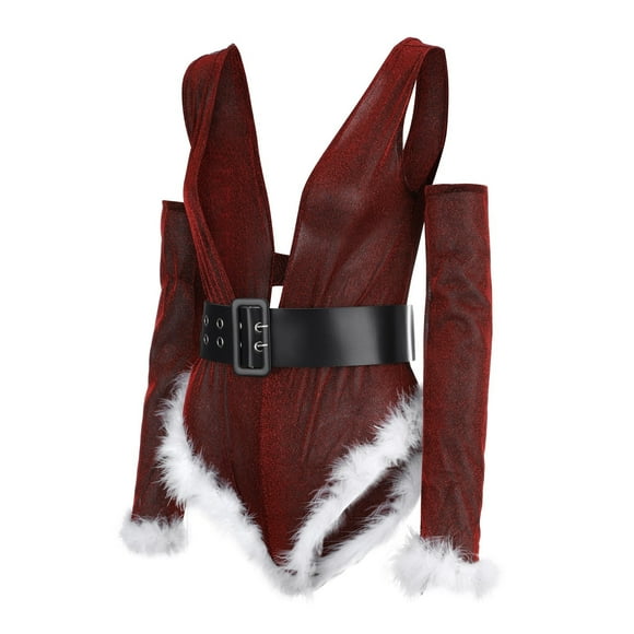 Christmas Lingerie Women Santa Claus cosplay Costume Sexy Lingerie Exotic Tight fitting Deep V Neck With Belt One piece Lingerie, BlackM