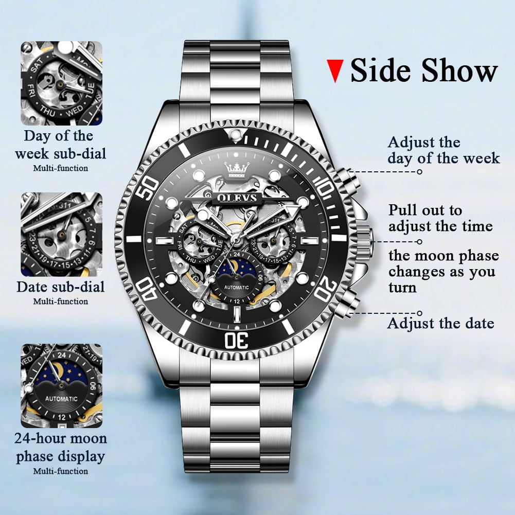 OLEVS Automatic Watches for Men Skeleton Self Winding Mechanical Fashion Dress Chronograph Moon Phase Stainless Steel Waterproof Luminous Mens Wrist Watches Gift Reloj Para Hombre