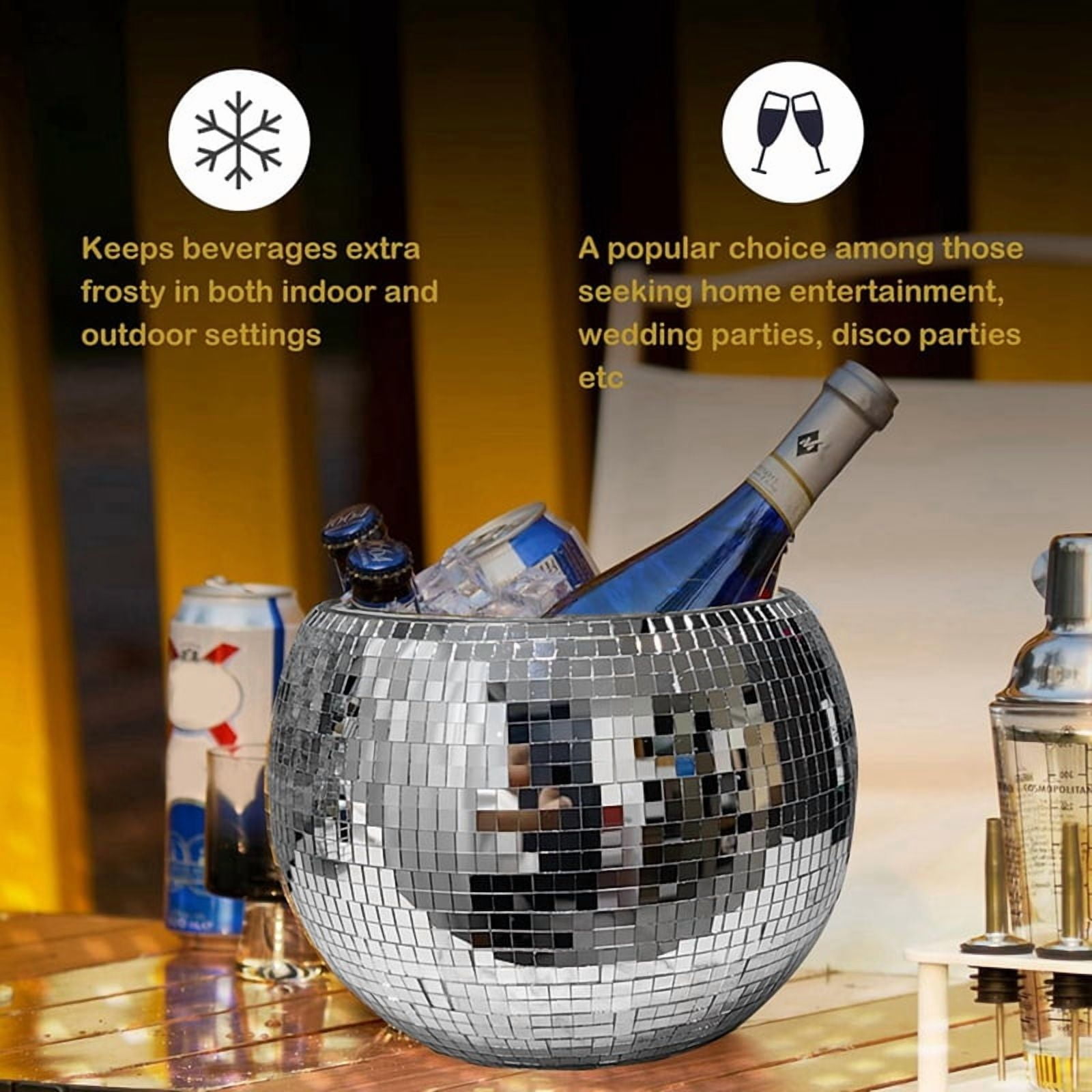 10-Inch Disco Ball Ice Bucket Silver Sparkly Mirror Ball Icebucket for Wine, Drinks, Home Bar Beverage Cooler for Partys