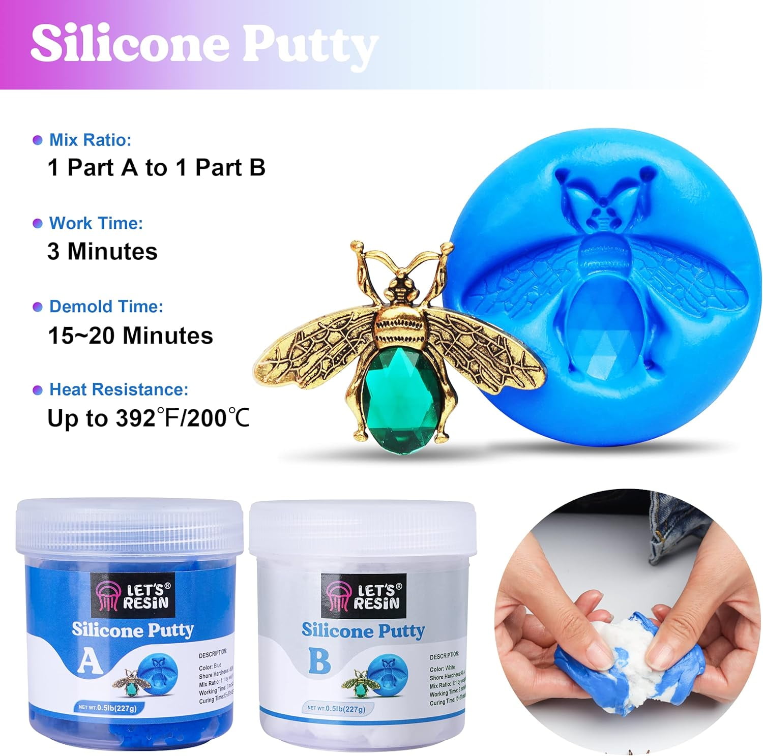 LET'S RESIN Silicone Putty,1LB/40A Silicone Mold Making Kit, Non-Toxic,Strong&Flexible, Easy 1:1 Mixing Ratio for Reusable Silicone Molds, Resin Molds, Soap