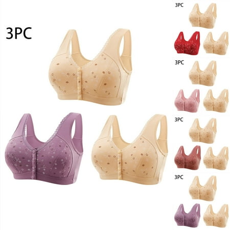 Jacenvly New Bras for Women Plus Size 3Pc Women Front Buckle for Middle-Aged and Elderly Underwear Soft Cotton Oversized Tank Top Without Steel Ring Printed Bra Lightweight Women Bras Plus Size
