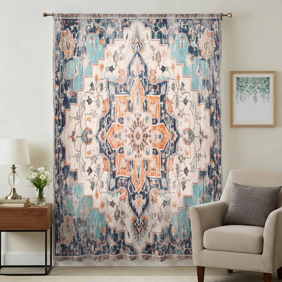 Orange Blue Sheer Curtains 72 Inches Long, Boho Geometric Middle Century Abstract Western Light Filering Curtains, Breathable Simi Curtain Privacy Drapes for Living Room Bedroom Window Treatment
