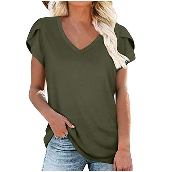 Giftesty Womens Plus Size Fashion Women Casual Petal Sleeve Short Sleeve V-Neck Solid Tops Blouse